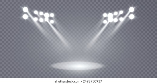 A vertical bright spotlight with flickering highlights on a dark background with a place for the represented object. Vector