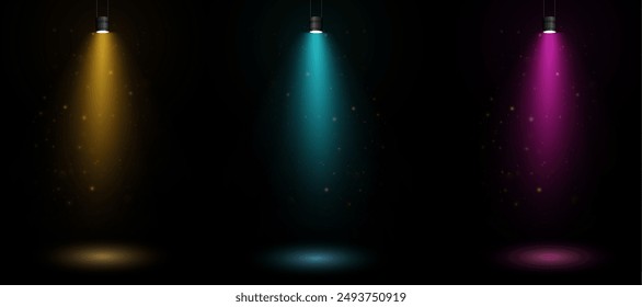 A vertical bright spotlight with flickering highlights on a dark background with a place for the represented object. Vector