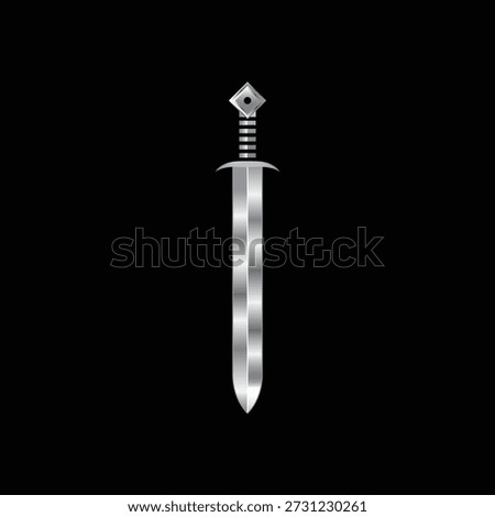 A vertical broad sword illustration with a wide metallic blade and a textured, weighted hilt, set against a solid black background.