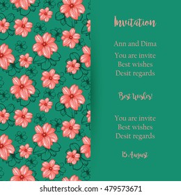 Vertical brochure design with cherry pink flowers pattern on the green background. Wedding template. Vector presentation on the green background