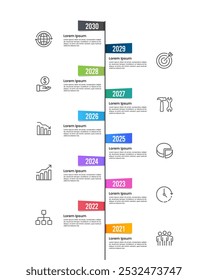 Infografía del folleto de Vertical 10 hitos comerciales. Presentación de negocios, Anuncio, Plan, póster, estrategia y marketing. Ilustración vectorial.