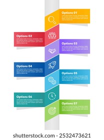 Vertical brochure infographic 7 options. Business presentation, Banner, Poster, Strategy and Marketing. Vector illustration.