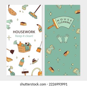 Folletos verticales con limpieza en casa. Ilustración vectorial plana en estilo doodle.