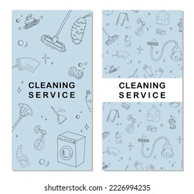 Vertical brochures with home cleaning. Flat vector illustration in doodle style.