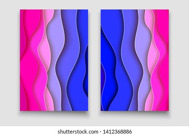 Vertical Brochures set with 3D abstract background and paper cut waves. Vector design layout for business presentations, flyers, posters and invitations. Colorful carving art.