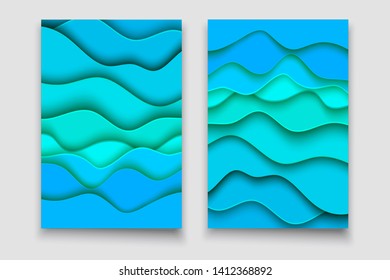 Vertical Brochures set with 3D abstract background and paper cut waves. Vector design layout for business presentations, flyers, posters and invitations. Colorful carving art.
