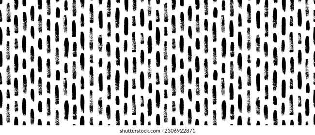 Vertical brush strokes seamless pattern. Black and white organic texture with scribble brush marks. Rain abstract seamless banner. Geometric ornament with vertical dashes, drops or short stripes.