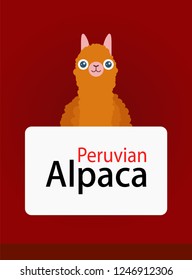 Vertical Burgundy Banner with Peruvian Alpaca Llama holding placard with space for copy. Lama - symbol of South Latin America. Poster, greating card design.