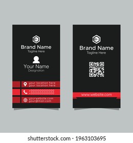 Vertical business card print template, Double-sided Personal Visiting Card with Company Logo, Clean Geometric Flat Design., black dark gray card, Vector Illustration. Business Card