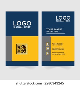 Vertical business card print template. Personal business card with company logo. Blue and yellow colors. Clean flat design. Vector illustration.