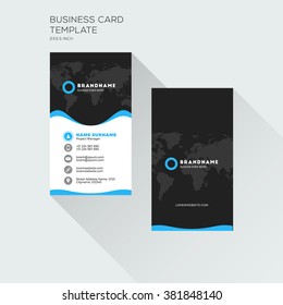 Vertical Business Card Print Template. Personal Visiting Card with company Logo. Black and Blue Colors. Clean Flat Design. Vector Illustration