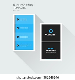 Vertical Business Card Print Template. Personal Visiting Card with company Logo. Black and Blue Colors. Clean Flat Design. Vector Illustration