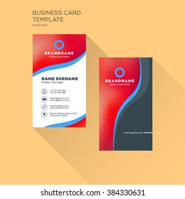 Vertical Business Card Print Template. Personal Business Card with Company Logo. Black and Blue Colors. Clean Flat Design. Vector Illustration