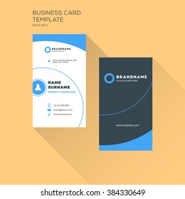 Vertical Business Card Print Template. Personal Business Card with Company Logo. Black and Blue Colors. Clean Flat Design. Vector Illustration