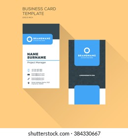 Vertical Business Card Print Template. Personal Business Card with Company Logo. Black and Blue Colors. Clean Flat Design. Vector Illustration