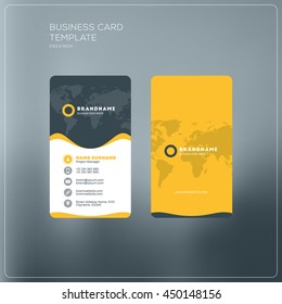 Vertical business card print template. Personal business card with company logo. Black and yellow colors. Clean flat design. Vector illustration. Business card mockup