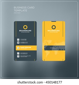 Vertical Business Card Print Template. Personal Business Card With Company Logo. Black And Yellow Colors. Clean Flat Design. Vector Illustration. Business Card Mockup