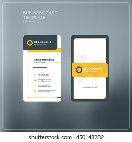 Vertical business card print template. Personal business card with company logo. Black and yellow colors. Clean flat design. Vector illustration. Business card mockup