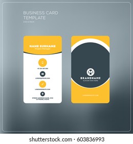 Vertical business card print template. Personal business card with company logo. Black and yellow colors. Clean flat design. Vector illustration. Business card mockup