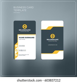 Vertical business card print template. Personal business card with company logo. Black and yellow colors. Clean flat design. Vector illustration. Business card mockup