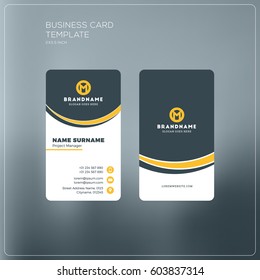 Vertical business card print template. Personal business card with company logo. Black and yellow colors. Clean flat design. Vector illustration. Business card mockup