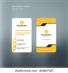 Vertical Business Card Print Template. Personal Business Card With Company Logo. Black And Yellow Colors. Clean Flat Design. Vector Illustration. Business Card Mockup