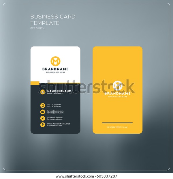 Vertical business card\
print template. Personal business card with company logo. Black and\
yellow colors. Clean flat design. Vector illustration. Business\
card mockup