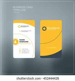 Vertical business card template with company logo. Two-sided business card mock up with rounded corners on grey blurred background. Vector illustration