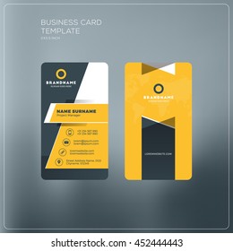 Vertical business card template with company logo. Two-sided business card mock up with rounded corners on grey blurred background. Vector illustration
