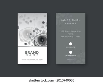 Vertical Business Card Template With Rose Flowers In Gray Color.