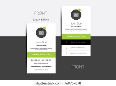 Vertical business card vector layout in green version with profile photo option and contact information. Business graphic design template.