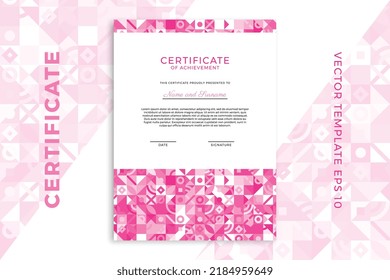 Vertical business diploma mockup for graduation or course completion. Elegant pinkish design of certificate of appreciation template with Bauhaus geometric pattern. Vector background EPS 10