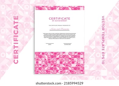 Vertical business diploma mockup for graduation or course completion. Elegant pinkish design of certificate of appreciation template with Bauhaus geometric pattern. Vector background EPS 10