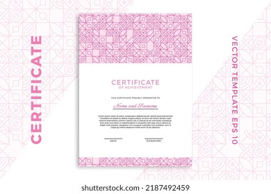 Vertical business diploma mockup for graduation or course completion. Elegant pinkish design of certificate of appreciation template with Bauhaus geometric pattern. Vector background EPS 10