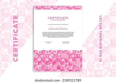 Vertical business diploma mockup for graduation or course completion. Elegant pinkish design of certificate of appreciation template with Bauhaus geometric pattern. Vector background EPS 10