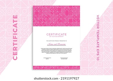 Vertical business diploma mockup for graduation or course completion. Elegant pinkish design of certificate of appreciation template with Bauhaus geometric pattern. Vector background EPS 10