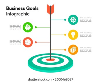 Vertical Business Goal Infographic with Arrow Through Target and Circular Icons Representing Key Success Metrics