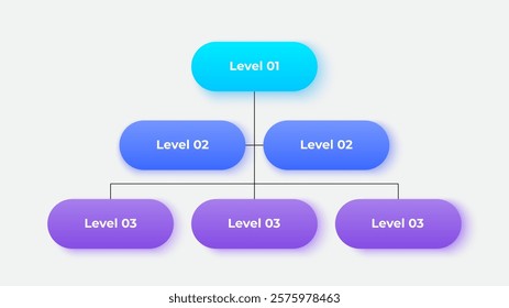 Vertical business hierarchy chart infographics. Corporate organizational structure graphic elements with 3 levels. The top-level connects to five subordinate nodes