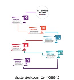 Vertical business infographic with 6 colorful steps, icons, and text boxes. Ideal for process flow, planning, timeline, brochure, presentation, report, and marketing. Editable vector layout.
