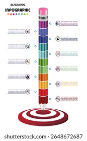 Vertical business infographic with a colorful pencil design pointing to a target, ideal for illustrating strategy, workflow, or educational planning steps.	