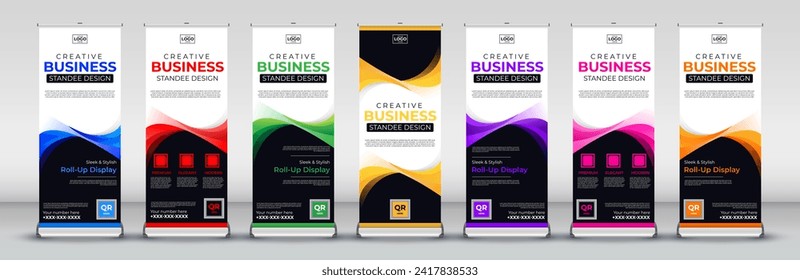 vertical business roll up Banner Design for Street Business, meetings, events, presentations, annual events, exhibitions in blue, red, green, yellow, purple, pink and orange