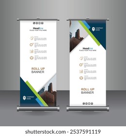 Vertical Business Roll Up Design de banner, Placa de assinatura Folheto Folheto Modelo Vetor X-banner e Rua Bandeira de Negócios de Conveniência, Plano de Fundo de Layout.