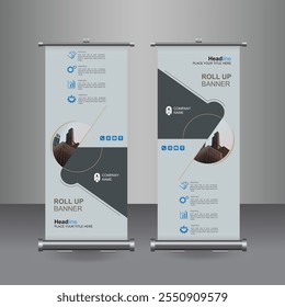 Vertical Business Roll Up Design de banner, Placa de assinatura Folheto Folheto Modelo Vetor X-banner e Rua Bandeira de Negócios de Conveniência, Plano de Fundo de Layout.

