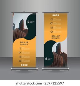 Vertical Business Roll Up  Banner Design, Signboard Advertising Brochure Flyer Template Vector X-banner and Street Business Flag of Convenience, Layout Background.