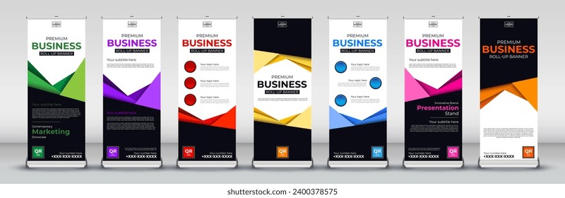 Vertical business roll up Banner Signboard Advertising standee Template for X banner and Street Business Flag of Convenience Layout in Green, purple, red, orange, blue, pink and yellow