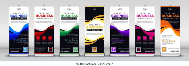 vertical business roll up standee banner design for Streets, events, presentations, meetings, annual events, exhibitions in red, green, blue, yellow, orange, purple and orange
