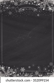Vertical Cafe menu classic blackboard background with winter snow and snowflake
