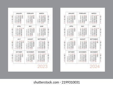 Vertical calendar for 2 years - 2023, 2024. Simple calendar grid isolated on a white background, Sunday to Monday, business template. Yearly calendar ready for print. Vector illustration.