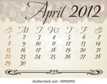 Vertical calendar 2012 year April