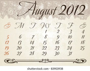 Vertical calendar 2012 year August